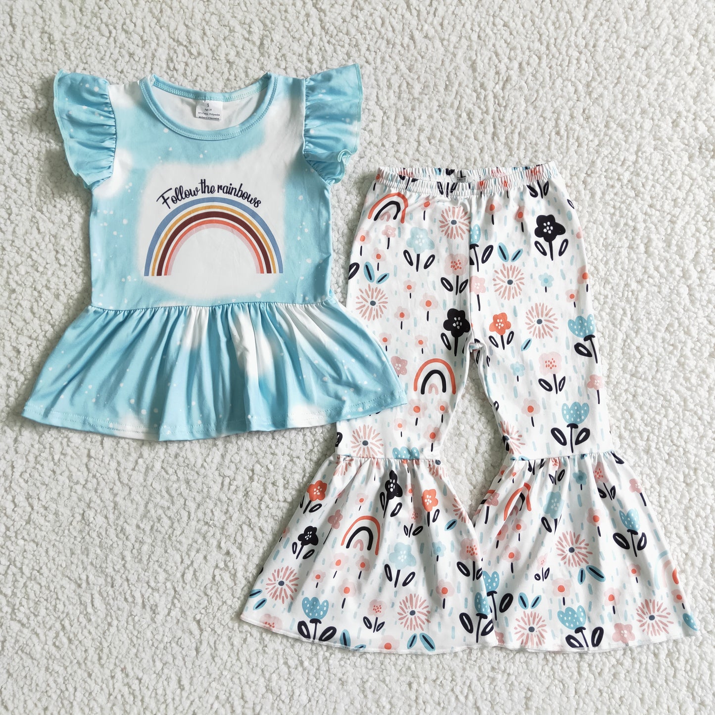 GSPO0063 Follow The Rainbow Floral Girls Short Sleeve Bell Bottom Pants Outfits