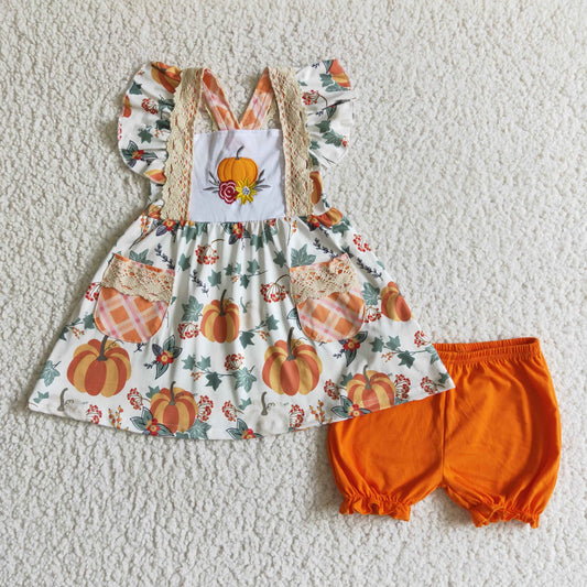 GSSO0125 Halloween Orange Pumpkin Floral Lace Pockets Ruffles Embroidery Girls Short Sleeve Shorts Outfits