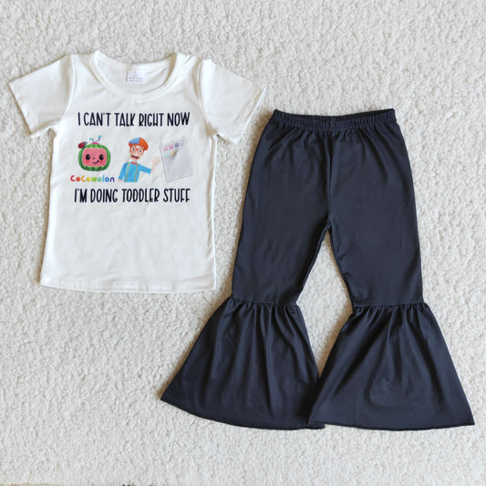 promotion RTS E9-14 Cartoon Short Sleeve Match Black Cotton Pants Girls Outfits