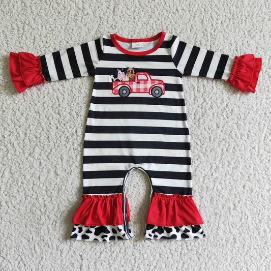Promotion RTS LR0015 Farm Life Cow Car Red Black Stripes Embroidery Girls Long Sleeve Romper