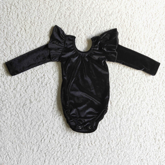 LR0208 Plain Black Ruffles Girls Long Sleeve Romper
