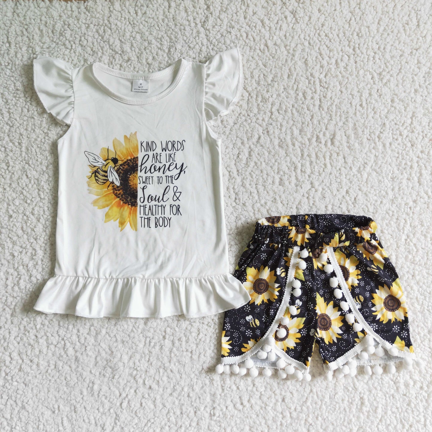 promotion RTS D7-26 Bee Black Sunflower Bombom Girls Short Sleeve Shorts Outfits