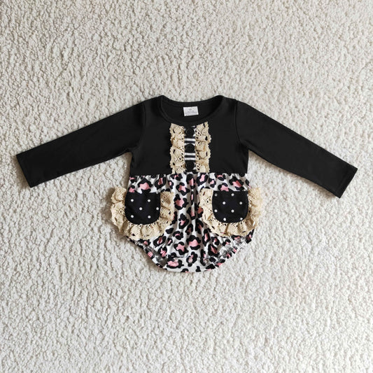 LR0167 Black Leopard Lace Pockets Ruffles Girls Long Sleeve Romper