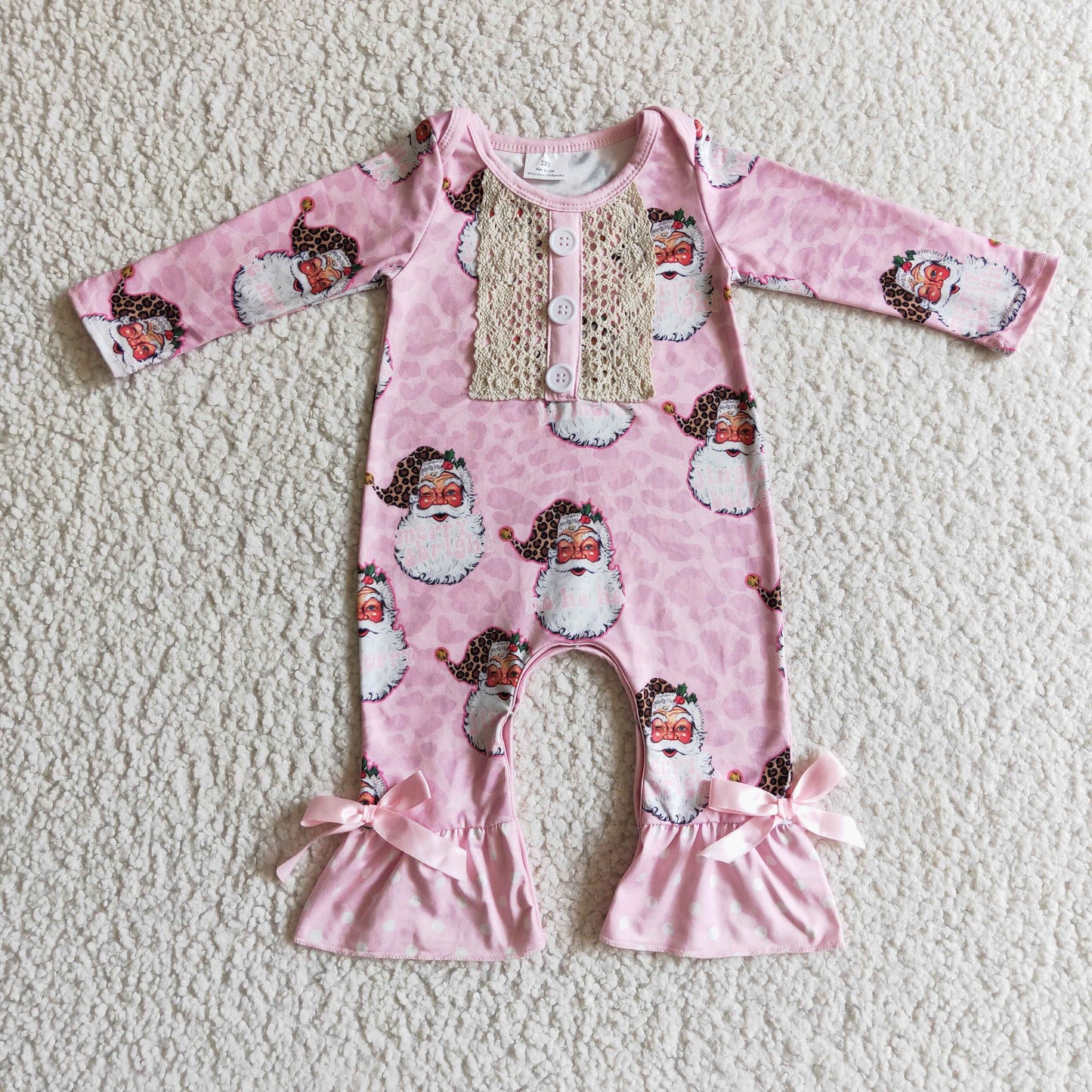 Clearance 6 A7-5 Christmas Pink Santa Leopard Lace Girls Long Sleeve Romper