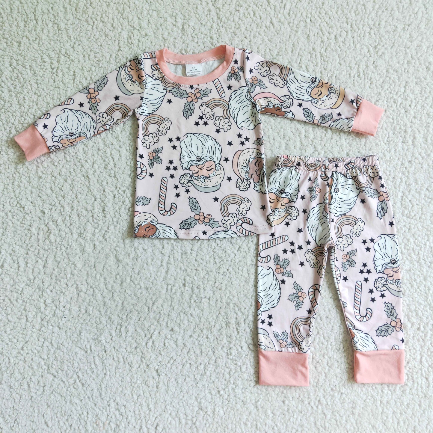 Clearance 6 A19-14 Christmas Pink Santa Girls Long Sleeve Pajamas