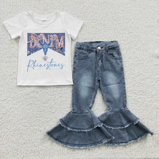 GSPO0531 2Pcs GT0133 Blue Cow Top + C5-15 Blue Denim Girls Short Sleeve Bell Bottom Pants Outfits