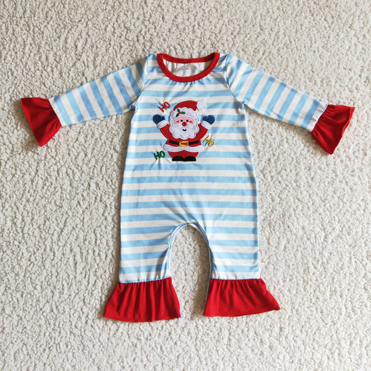 LR0120 Christmas Ho Santa Blue Red Stripes Embroidery Girls Long Sleeve Romper