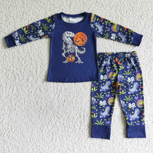 BLP0025 Halloween Pumpkin Dinosaur Blue Boys Long Sleeve Pajamas