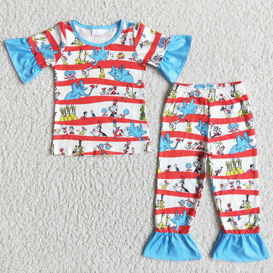 E5-11 Dr Blue Red Cartoon Striped Print Girls Short Sleeve Pants Pajamas