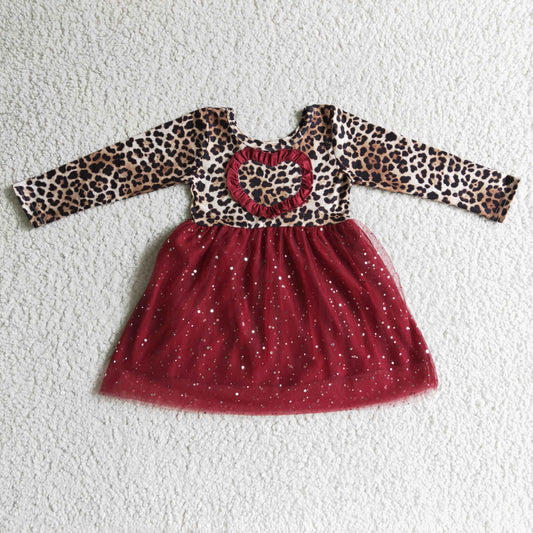 promotion GLD0139 Valentine Love Heart Red Leopard Tutu Tulle Girls Long Sleeve Dresses