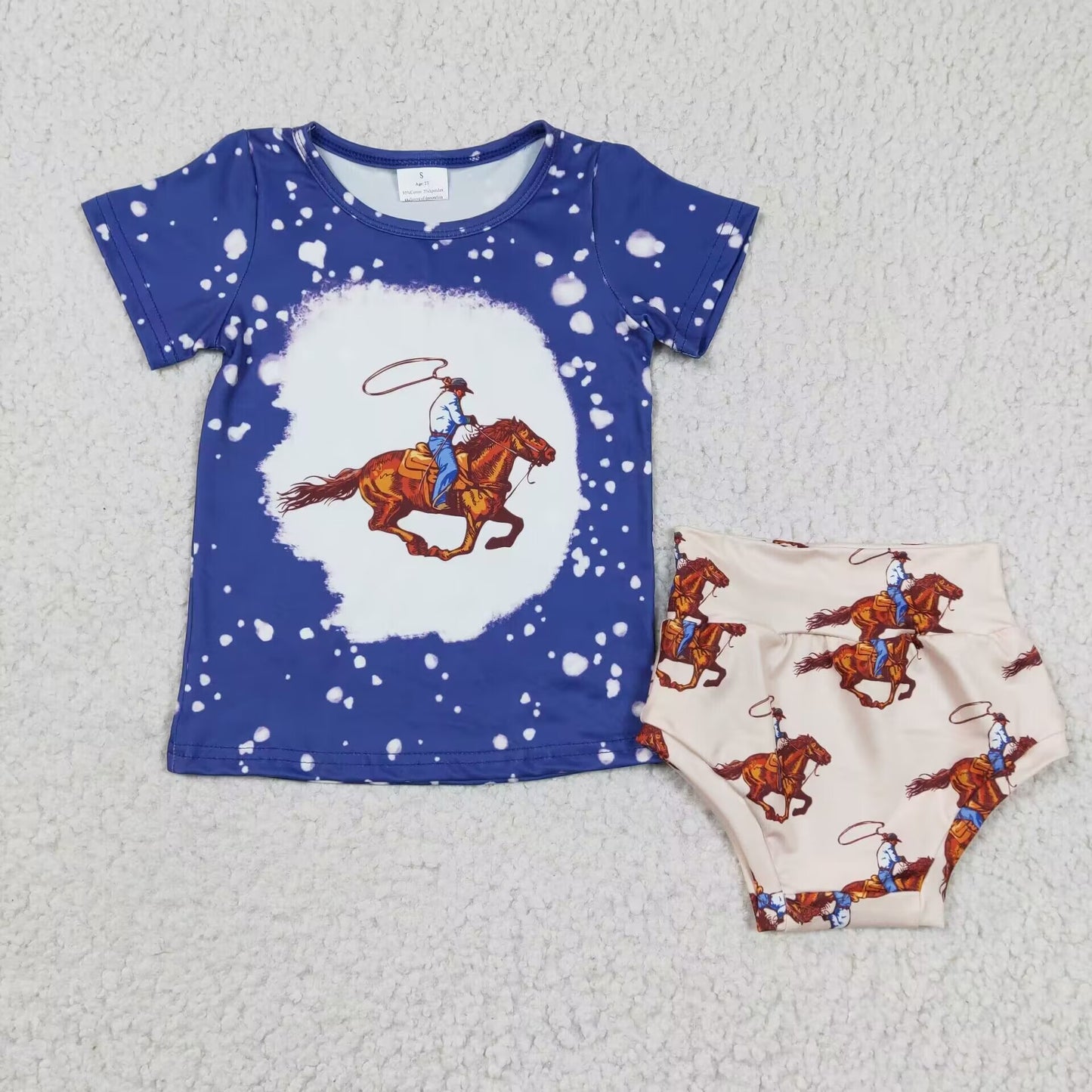 promotion RTS GBO0064 Blue Bleach Cowboy Rodeo Girls Short Sleeve Bummies Outfits