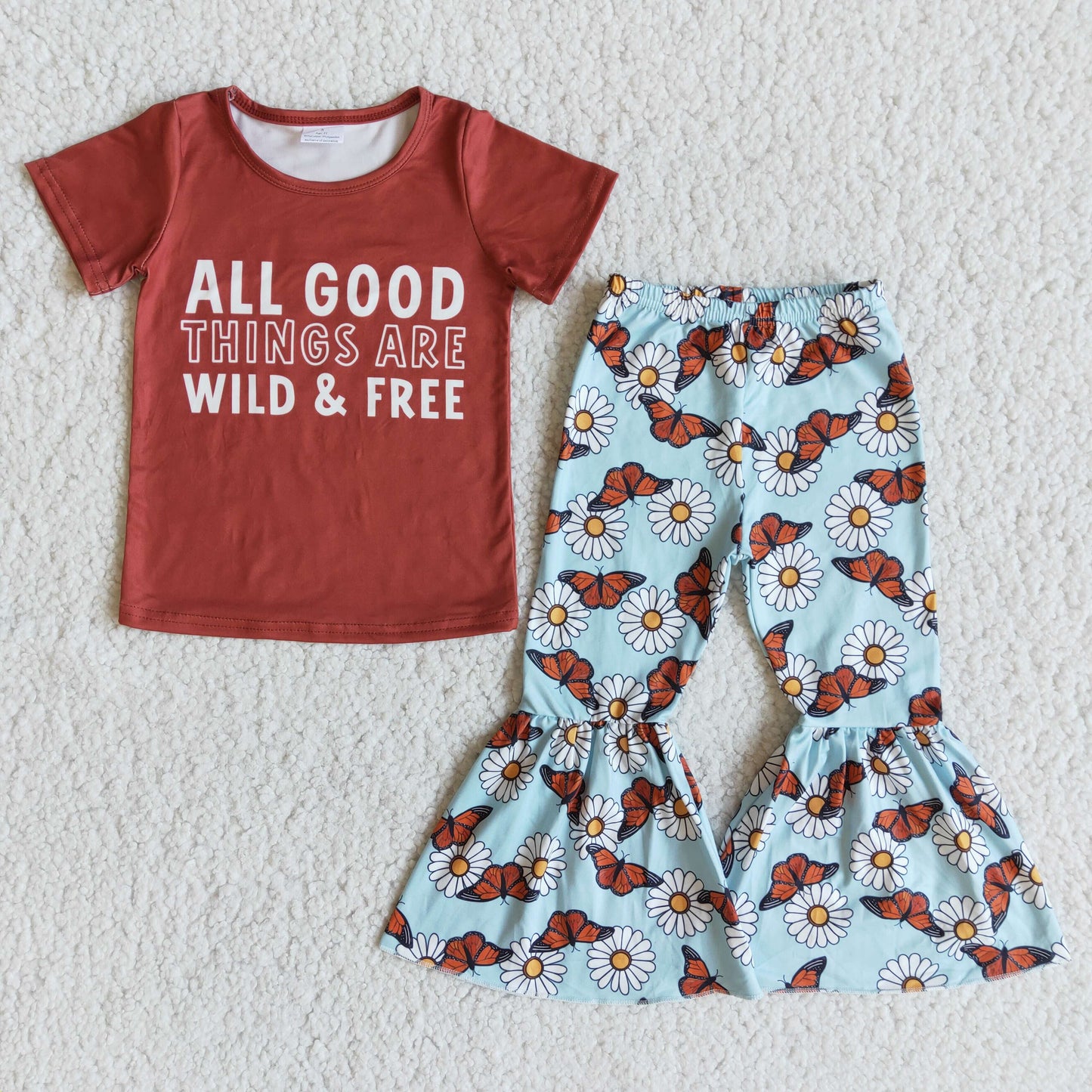 promotion RTS E7-28 Floral Butterfly All Good Things Are Wild & Free With Bow 3pcs Girls Short Sleeve Bell Bottom Pants Outfits