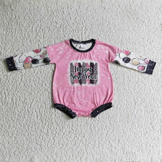 LR0184 Happy New Year Pink Leopard Balloon Girls Long Sleeve Romper