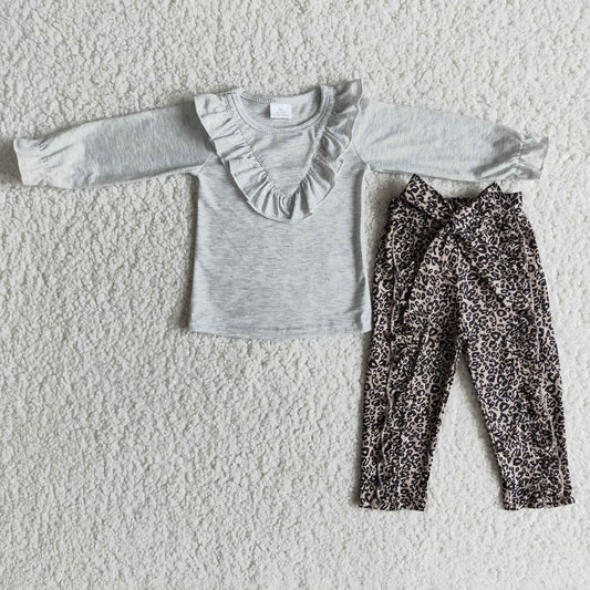 promotion Clearance 6 A25-19 Grey Ruffles Girls Top Match Leopard Print Pants Set