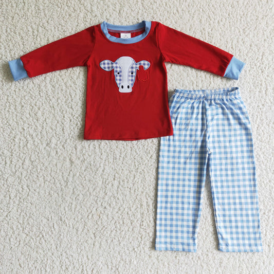 Clearance BLP0019 Cow Red Blue Plaid Embroidery Boys Long Sleeve Pants Outfits