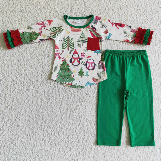 GLP0179 Christmas Santa Red Green Pocket Penguin Cartoon Girls Long Sleeve Pants Outfits