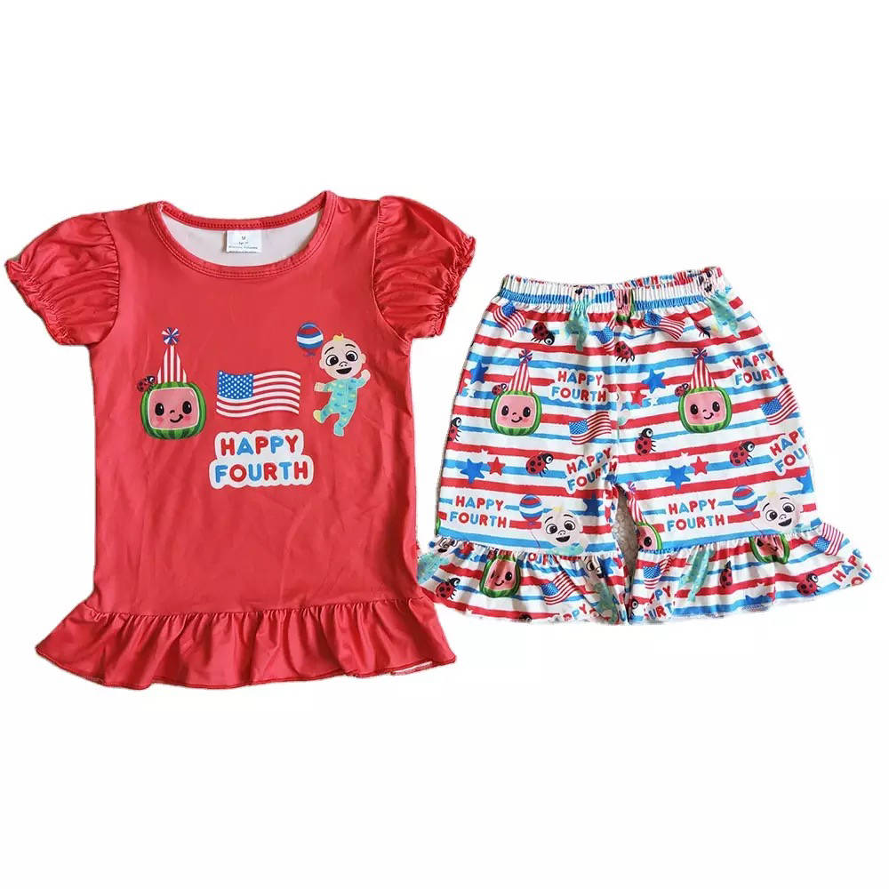promotion RTS D8-13 4th Of July Flag Red Cartoon Girls Short Sleeve Shorts Outfits