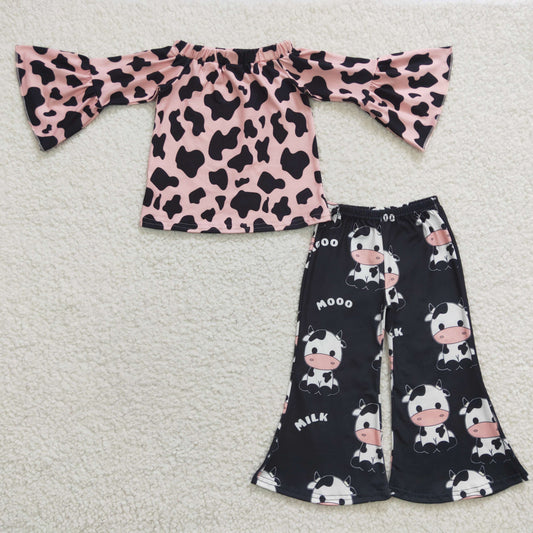 promotion RTS GLP0376 Black Pink Cow Print Cartoon Milk Girls Long Sleeve Bell Bottom Pants Outfits