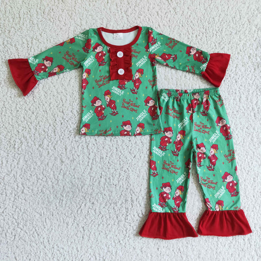 GLP0149 Christmas Santa Green Red Cartoon Girls Long Sleeve Pajamas