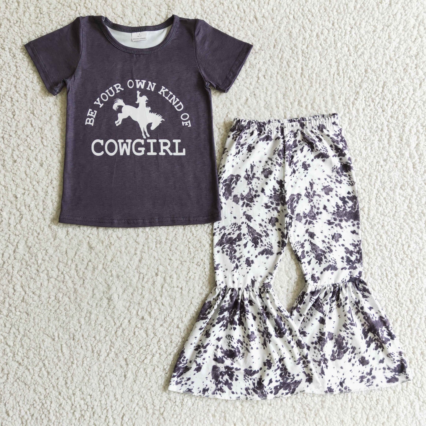 Clearance D4-27 Be Your Own Kind Of Cowgirl Black Rodeo Girls Short Sleeve Bell Bottom Pants Outfits