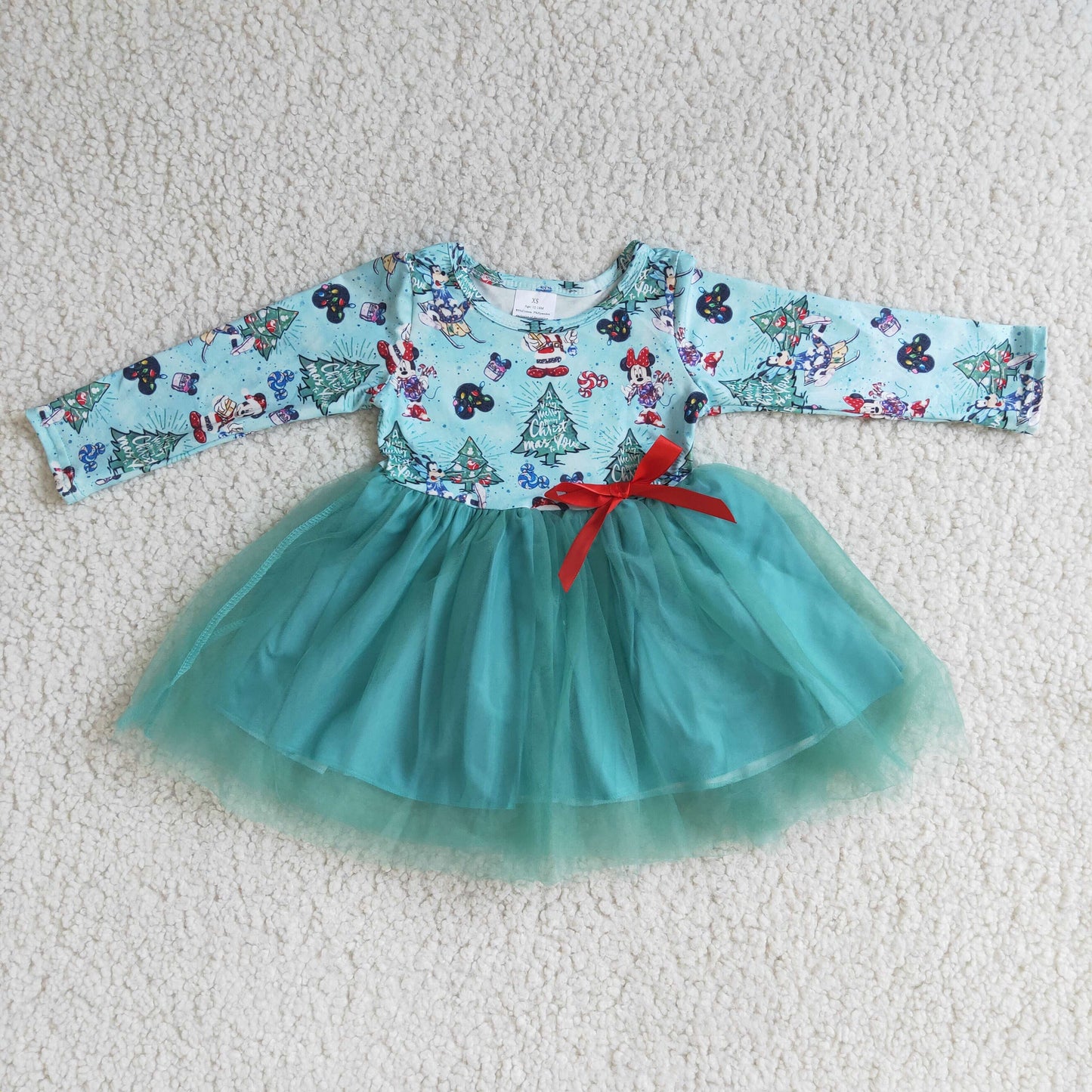6 A15-1 Christmas Tree Green Blue Tulle Tutu Girls Long Sleeve Dresses
