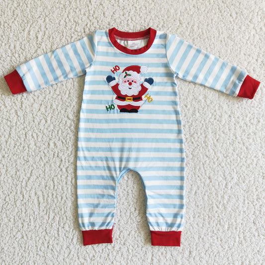 LR0121 Christmas Ho Santa Blue Red Stripes Embroidery Boys Long Sleeve Romper RTS Free Shipping Over $100
