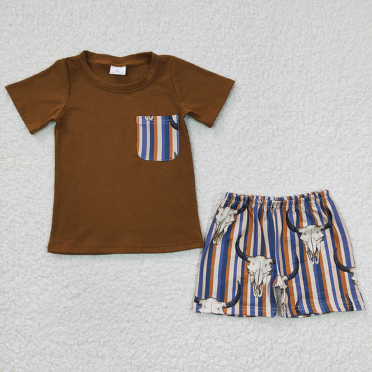 BSSO0149 Brown Highland Cow Western Pocket Boys Short Sleeve Shorts Outfits