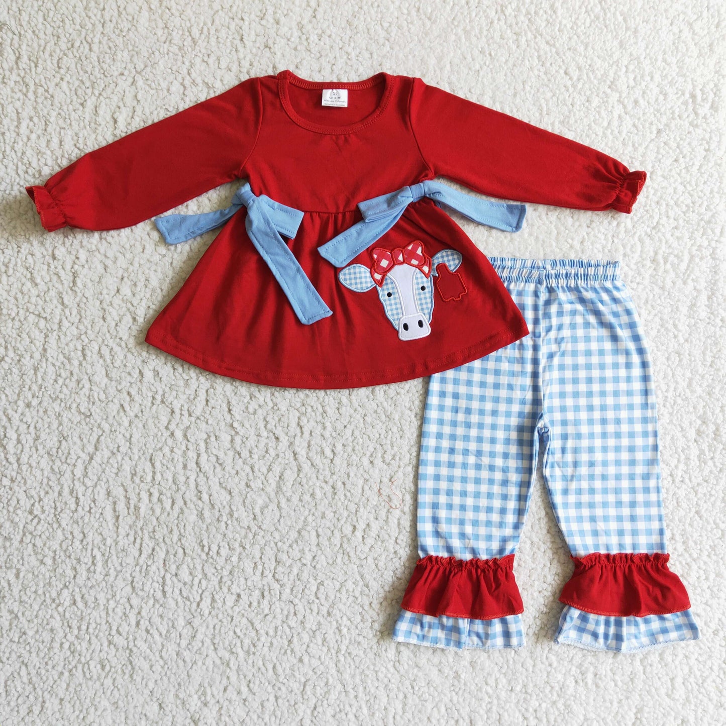promotion RTS GLP0068 Cow Red Blue Plaid Embroidery Tunic Girls Long Sleeve Pants Outfits