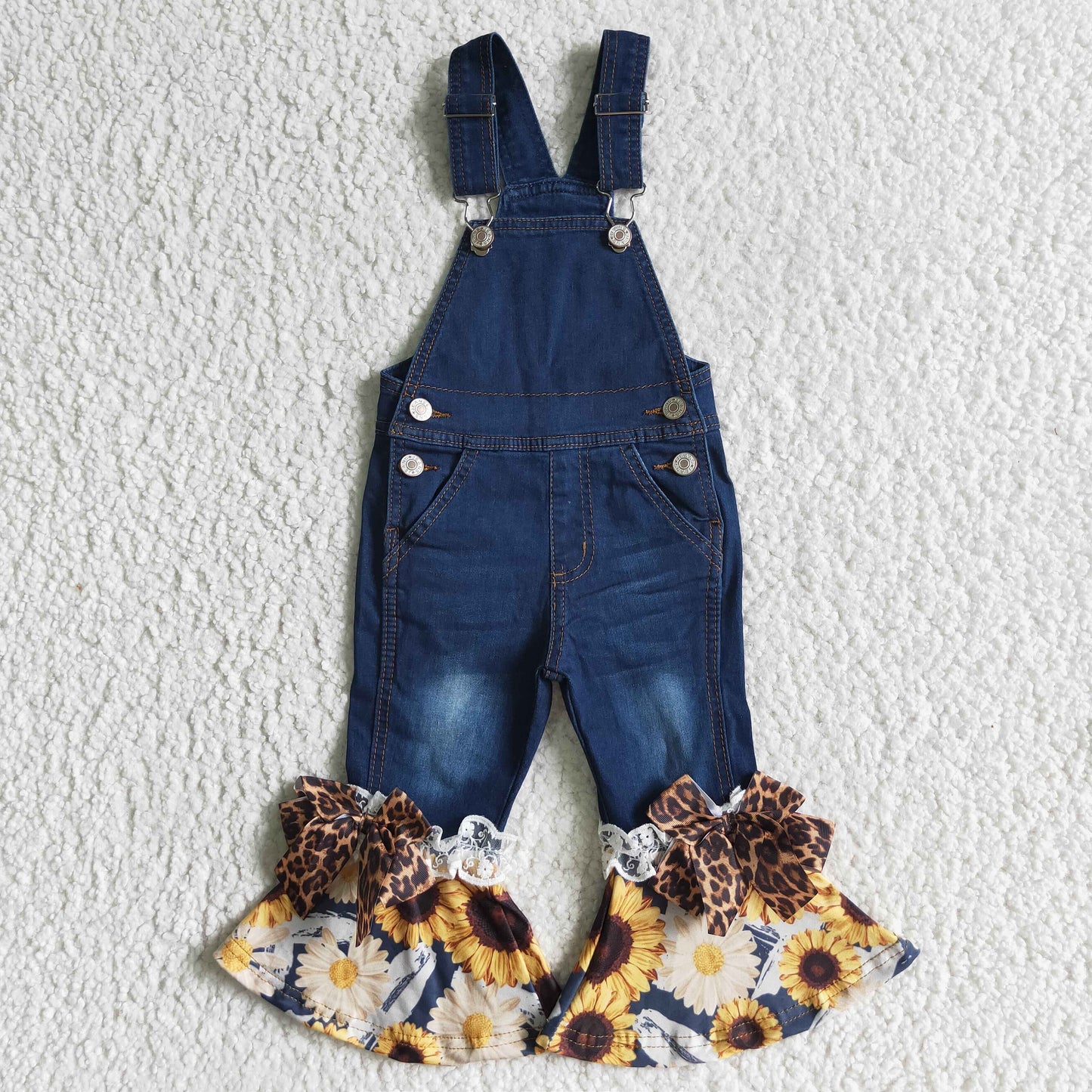 P0028 Sunflower Girls Ruffles Overall Denim Jeans With Bow