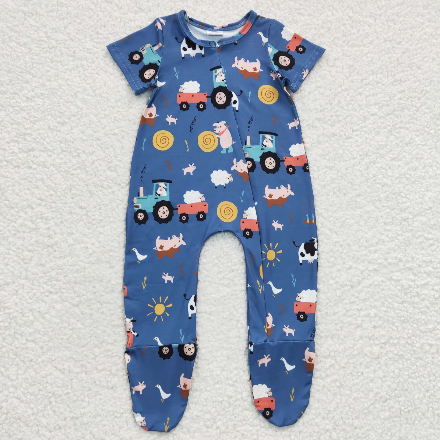 promotion RTS SR0195 Blue Pig Sheep Cow Farm Life Truck Cartoon Zipper Girls Long Sleeve Romper