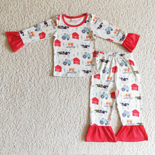 GLP0280 Blue Red Farm Life Cow Girls Long Sleeve Pants Outfits Pajamas