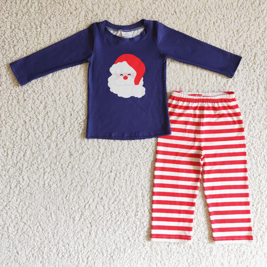 BLP0091  Christmas Santa Red Blue Stripes Boys Long Sleeve Pants Outfits