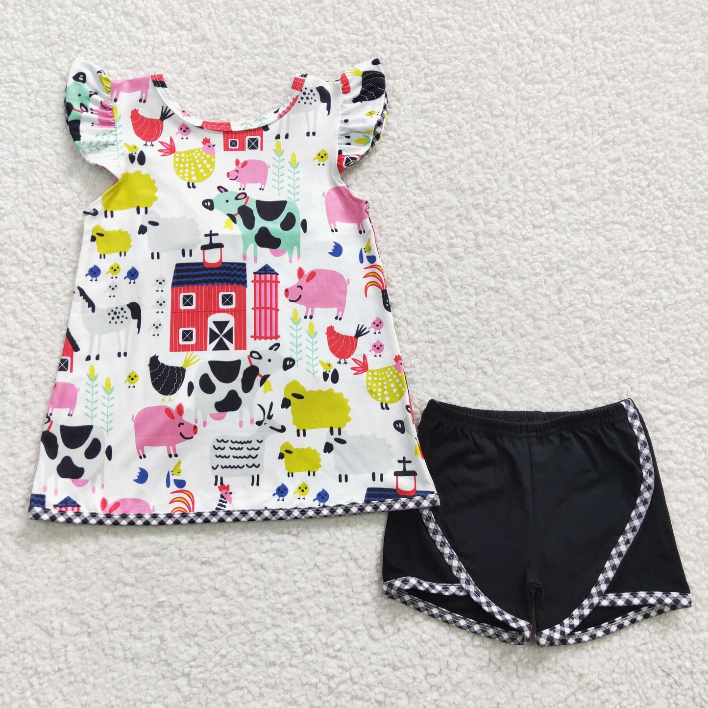 B11-4 Farm Print Black Bow Girls Short Sleeve Shorts Outfits
