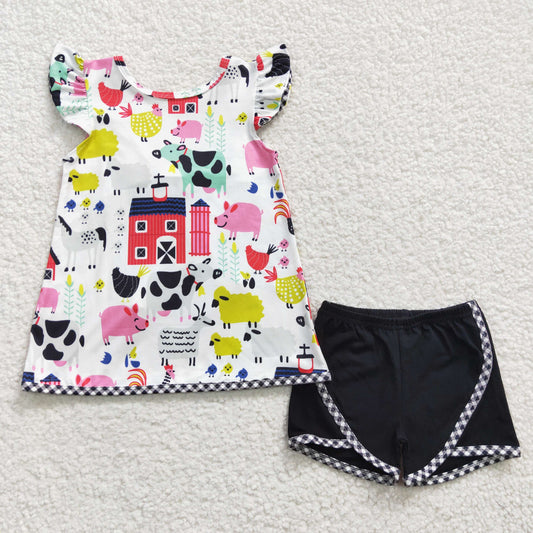 B11-4  Farm Print Black Bow Girls Short Sleeve Shorts Outfits