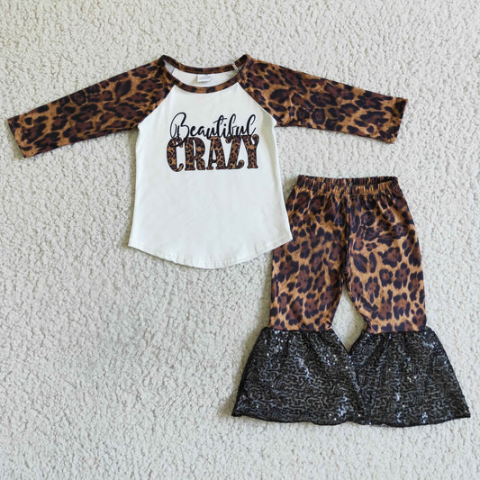 Clearance 6 B2-14 Beautiful Crazy Leopard Black Sequin Girls Long Sleeve Bell Bottom Pants Outfits