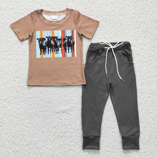 BSPO0064 Brown Highland Cows Boys Short Sleeve Pants Outfits