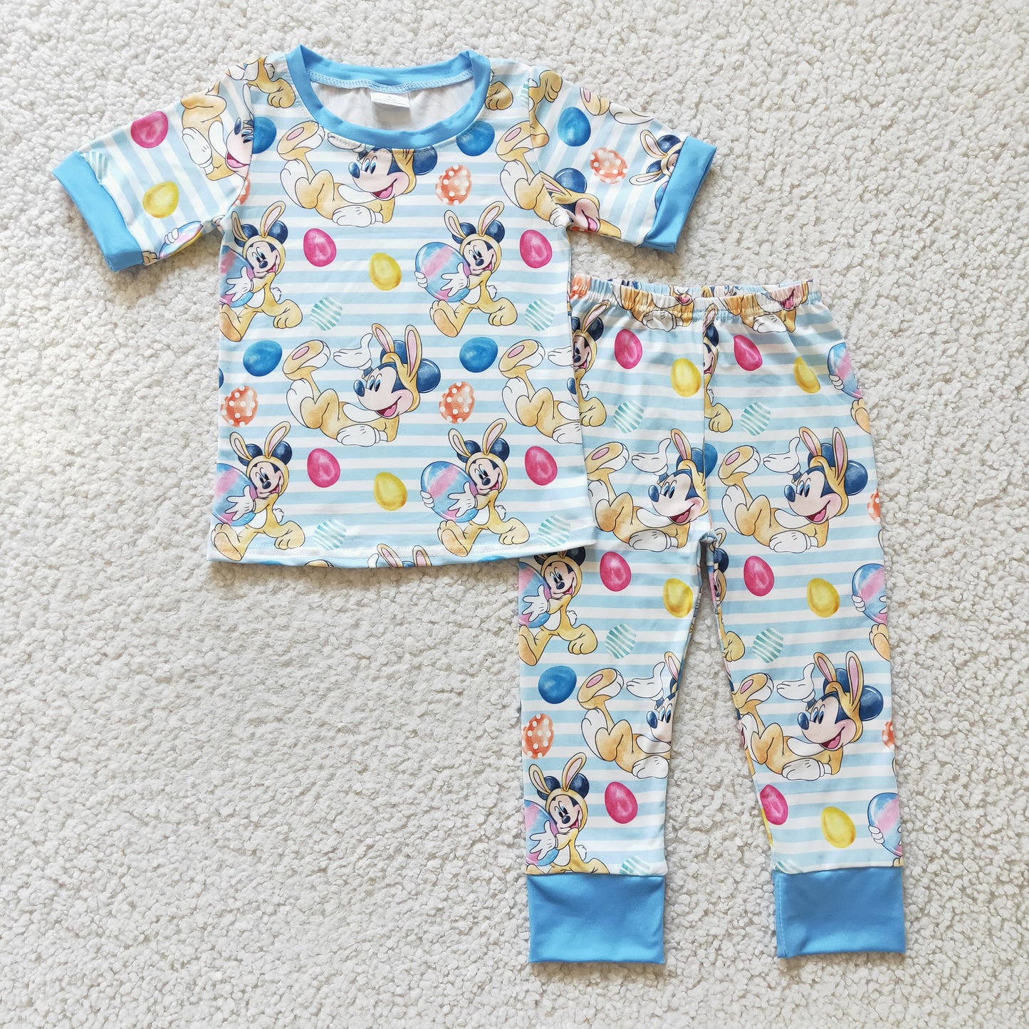 promotion BSPO0048 Easter Rabbit Egg Pink Blue Stripes Duck M Cartoon Boys Short Sleeve Pants Outfits Pajamas