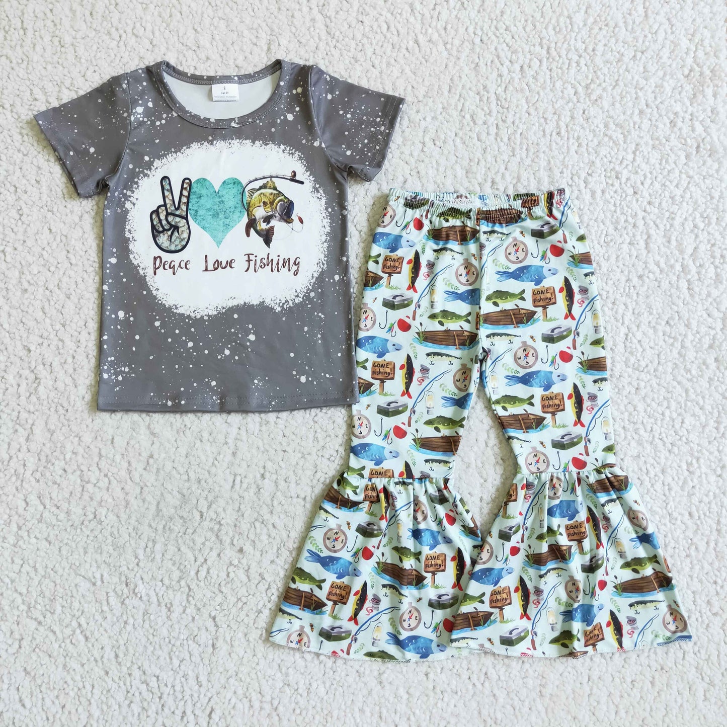 Clearance Aa-3 Peace Love Fishing Bleach Girls Short Sleeve Bell Bottom Pants Outfits