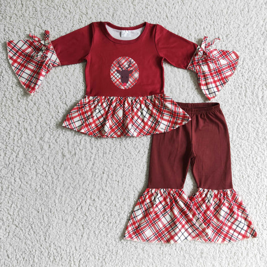 GLP0202 Christmas Deer Red Plaid 3Pcs With Headband Bow Girls Long Sleeve Bell Bottom Pants Outfits