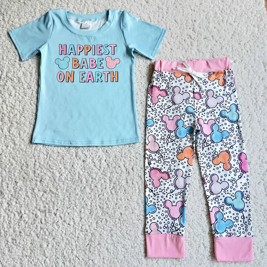 promotion RTS D3-16 Happiest Babe On Earth M Cartoon Blue Pink Girls Short Sleeve Bell Bottom Pants Outfits