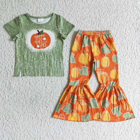 Promotion RTS B10-13 Halloween Pumpkin Green Orange Happy Fall Tassels Girls Short Sleeve Bell Bottom Pants Outfits