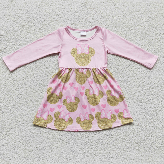 promotion GLD0156 Valentine Love Pink Golden M Cartoon Girls Long Sleeve Dresses