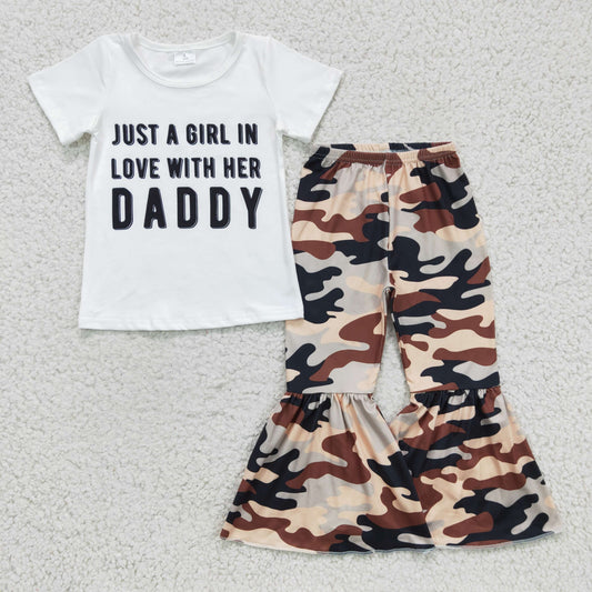 promotion RTS E8-20 Just A Girl In Love With Her Daddy Camo With Bow Headband 3pcs Girls Short Sleeve Bell Bottom Pants Outfits
