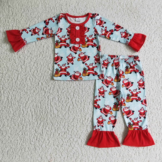 GLP0082 Christmas Red Santa Gift Blue Girls Long Sleeve Pajamas