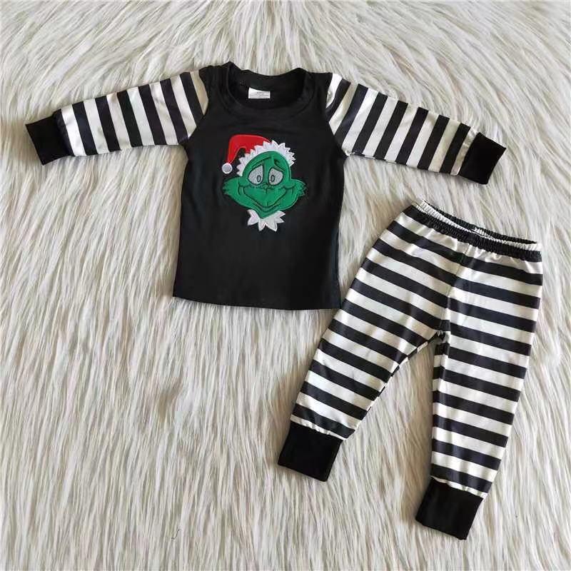 Clearance 6 B7-17 Christmas Embroidery Green Black Striped Print Cartoon Girls Long Sleeve Pants OutfitsPajamas
