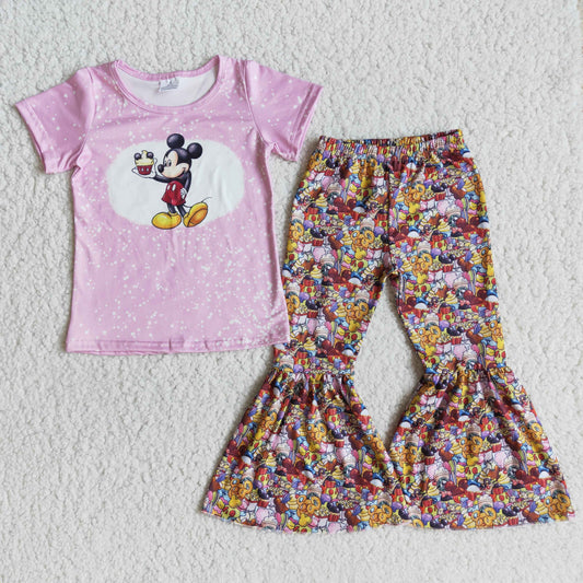 promotion RTS E11-11 Pink Bleach Design Cartoon Baby Girls Bell Pants Set
