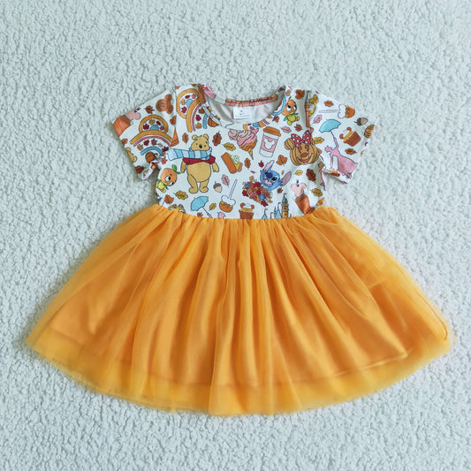 promotion RTS GSD0135 Halloween Pumpkin Yellow Orange Cartoon Tulle Tutu Girls Short Sleeve Dresses