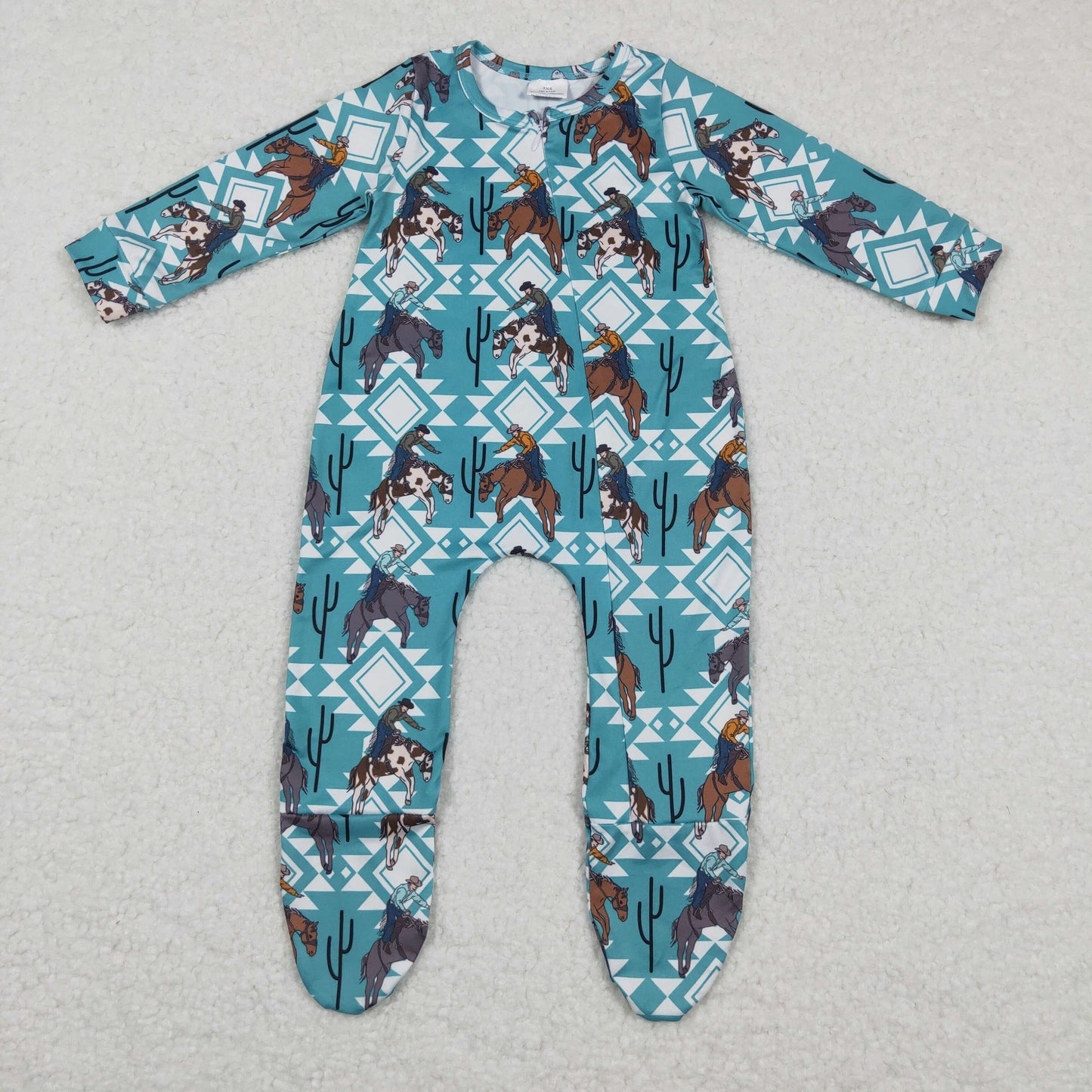 LR0248 Grey Green Blue Rodeo Horses Cowboy Western Zipper Girls Long Sleeve Romper