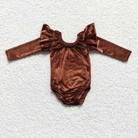 LR0207 Plain Brown Ruffles Velvet Girls Long Sleeve Romper
