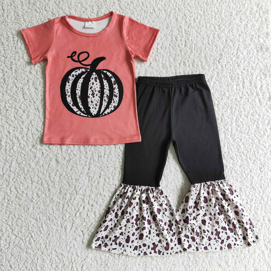 GSPO0190 Halloween Pumpkin Pink Leopard Black Girls Short Sleeve Bell Bottom Pants Outfits